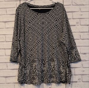 Lucky Brand Women's Size 3X Knit Top Black White Paisley Long Sleeve Comfort